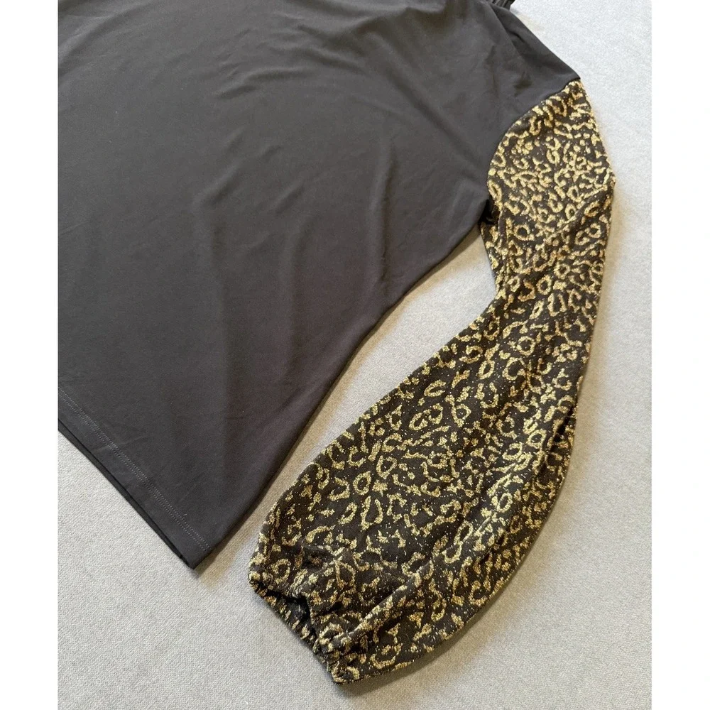 NEW Michael Kors Blouse Black Gold Leopard Print Ruffle Tie Neck Long Sleeve Lrg